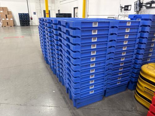 LOT (489 )BLUE STACKABLE INDUSTRIAL PLASTIC TOTES, APPROX. 23.5 L x 15.5&rdquo; W x 11 3/4&rdquo; H