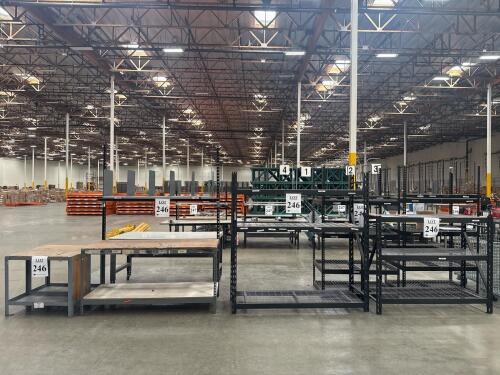 (6) SECTIONS OF ASSORTED SHELVING AND (3) WAREHOUSE WORKSTATIONS