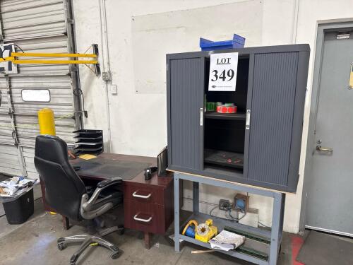 OFFICE DESK WITH CHAIR, plastic cabinet with metal stand