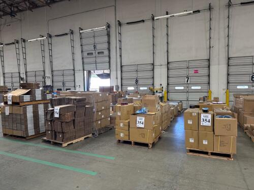 (23) Pallets of Assorted Content; 2-1/2 in. X 10 YD ROYAL BRUSHED VELVET WIRED RIBBON 3 in. X 4 in. SILVER VELVET FABRIC BAG 6 in. X 8-1/4 in. WHITE PLASTIC BAG W/ALUMINUM PLATING (CASE) 4-1/4 in. X 4-1/4 in. X 2-1/4 in. MATTE RED DELUXE BOX (CASE) 2-1/2 