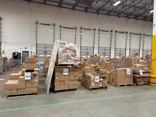 (36) Pallets of Assorted Content; 20 in. X 30 in. SILVER/WHITE NARROW PINSTRIPE TISSUE PAPER (PACKAGE) 16" HIGH WHITE COATED CIRCLE 3-1/2 X 2-3/4 X 9-3/8 COPPER SQF BTTM GSTD BG-PK 8-1/4 in. X 4-3/4 in. X 6-1/4 in. BLACK BASKET BOX 6 in. X 6 in. X 9 in. W