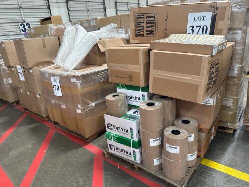 LOT (3) PALLETS: Crinkle Cut Paper 20 in. X 30 in. GOLD/WHITE STRIPED TISSUE PAPER (PACKAGE) KRAFT 30# 9" 1200 FT #1 5-1/8 in. X 4-3/8 in. X 2-1/2 in. WHT ECONO-PAK TAKEOUT BX #4 8-3/4 in. X 6-7/16 in. X 3-1/2 in. KRAFT ECONO-PAK TAKEOUT BOX