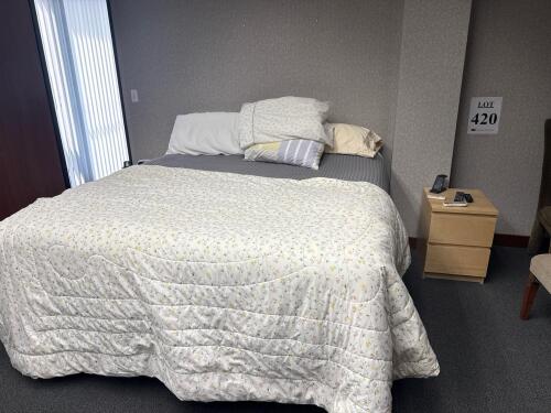 Serta California King Pillow Top Innerspring Mattress & Box Spring, Model Spellbound, Firm With night stands and chairs, (LOCATIPNS: 3RD FLOOR) delay pickup mid October