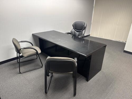 Office Desk 82&rdquo; x 35&rdquo; W/ Office Chair, (2) Side Chairs And Credenza 58&rdquo; x 24&rdquo;, LOCATION: 2ND FLOOR)