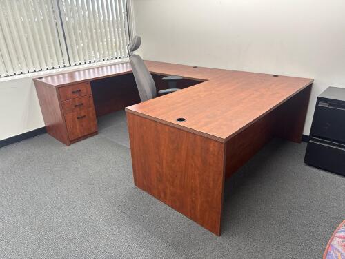 Executive U-SHAPE WOOD DESK OFFICE CHAIR, (2) side chairs and Black 2-Drawer lateral file, DESK APPROX. X 71&rdquo; X 106.5 &ldquo;, LOCATION: 2ND FLOOR)