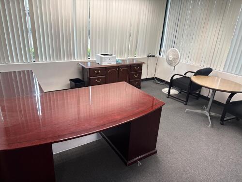 Office Desk W/ Right Return 71&rdquo; X 88&rdquo;, Credenza 64&rdquo; x 19&rdquo;, Round Table 36&rdquo; and (26 Side Chairs, LOCATION: 1ST FLOOR, DELAY PICKUP MID OCTOBER