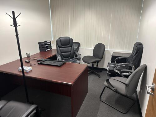 Office Desk W/ Right Return 72&rdquo; x 83&rdquo;, (3) Office Chairs, (2) Side Chairs (Location: 1st Floor) DELAY PICKUP MID OCTOBER