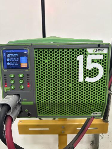 ECO E973C-42 FORKLIFT BATTERY CHARGER WITH METAL STAND, (BUYER NEEDS TO CUT BOLTS)
