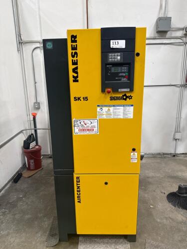 Kaeser AIRCENTER SK 15 Rotary Screw Air Compressor featuring a 15 HP motor, delivering 70 CFM at 125 psig, integrated ABT 25 refrigeration dryer, Approx. dimensions 30 in x 53 in x 74 in, voltage options 208/120V, 230/133V, 460/266V (Three Phase), manufac