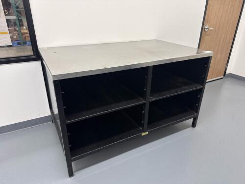 INDUSTRIAL METAL WORK TABLE WITH STAINLESS STEEL TOP, 60&rdquo; x 36&rdquo;, LOCATION: IN ROOM WITH MTEX PRINTER)