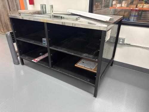 INDUSTRIAL METAL WORK TABLE WITH STAINLESS STEEL TOP, 60&rdquo; x 36&rdquo;, LOCATION: IN ROOM WITH MTEX PRINTER)