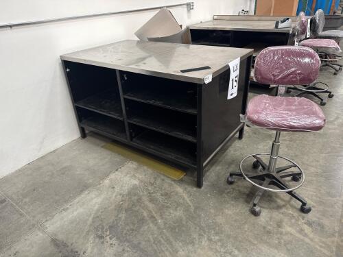 INDUSTRIAL METAL WORK TABLE WITH STAINLESS STEEL TOP, 60&rdquo; x 36&rdquo;, and stool, LOCATION: IN WAREHOUSE NEXT TO MTEX PRINTER