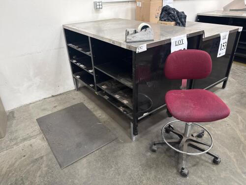 INDUSTRIAL METAL WORK TABLE WITH STAINLESS STEEL TOP, 60&rdquo; x 36&rdquo;, and stool, LOCATION: IN WAREHOUSE NEXT TO MTEX PRINTER