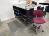 INDUSTRIAL METAL WORK TABLE WITH STAINLESS STEEL TOP, 60&rdquo; x 36&rdquo;, and stool, LOCATION: IN WAREHOUSE NEXT TO MTEX PRINTER