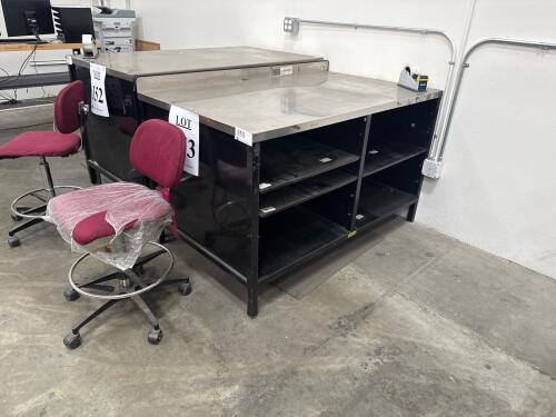 INDUSTRIAL METAL WORK TABLE WITH STAINLESS STEEL TOP, 60&rdquo; x 36&rdquo;, and stool, LOCATION: IN WAREHOUSE NEXT TO MTEX PRINTER