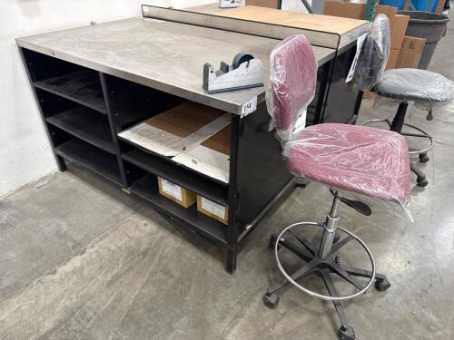 INDUSTRIAL METAL WORK TABLE WITH STAINLESS STEEL TOP, 60&rdquo; x 36&rdquo;, and stool, LOCATION: IN WAREHOUSE NEXT TO MTEX PRINTER