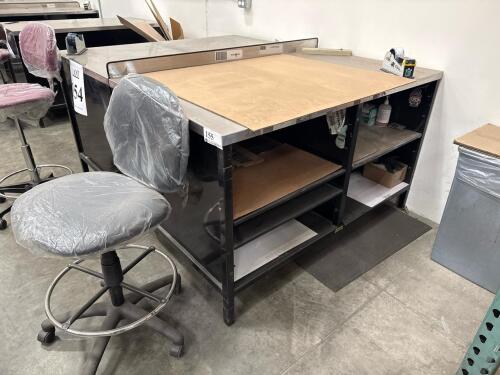 INDUSTRIAL METAL WORK TABLE WITH STAINLESS STEEL TOP, 60&rdquo; x 36&rdquo;, and stool, LOCATION: IN WAREHOUSE NEXT TO MTEX PRINTER