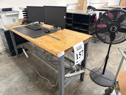 Heavy-Duty Industrial Workbench, Wood Top, Steel Frame, 60" x 30", with 2 monitors, LOCATION: IN WAREHOUSE NEXT TO MTEX PRINTER
