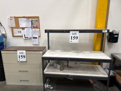 METAL FRAME WORK BENCH WITH 3-DRAWER LATERAL FILE, BENCH IS 5&rsquo;FT LONG, LOCATION: IN WAREHOUSE NEXT TO MTEX PRINTER