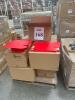 Lot (20) Pallets ASST&rsquo;D: TIN CANS, ROUND CLEAR PVC AND STEEL CANS, RED BASKET BOXES, SILVERl,RED CORRUGATED TUCK TOP BOXES, PINK PREMIUM AUTOMATIC BAKERY BOXES,SHINK BAGS, WHITE STACKABLE DELI BOXES, BLACK GLOSS LUC GIFT BOXES, PERMASEAL, CLEAR PLASTIC TU - 35