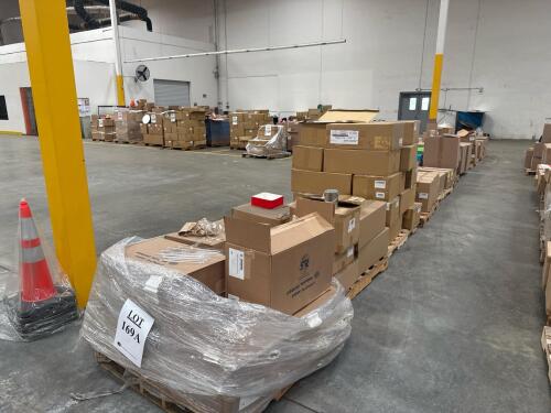 (10) Pallets Of Assorted Content Tin Cans, Gift Boxes, Red Lux Gift Box, 22in x 28in Dome Shrink Bag, Red Dot Gable Box 9in x 6in x 6in, Jewelry Box, Clear Pet Container W/ Metal Tab 2in x 4in, White Lux Gift Box 6in x 6in x 6in, Red Heavy Wall Guft Box, 