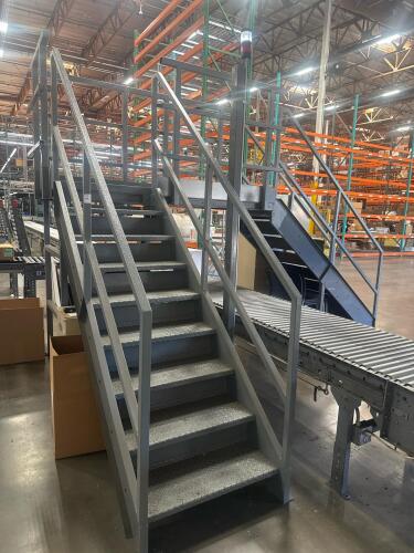 Industrial Steel Mezzanine Stairway &ndash; 8-Step, 8 ft Height, 36 in Wide WALKWAY, steps are 33&rdquo; wide, 165&rdquo; L, Diamond Plate, with Platform