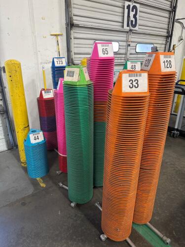 Lot (3) ASST&rsquo;D METAL HOLDING STANDS AND (2) PALLETS WITH ASST&rsquo;D Multi-Color Sports Training Marker Cones
