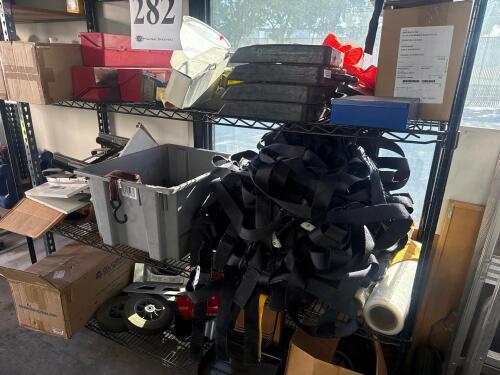 Lot ASST&rsquo;D truck parts with storage cabinet, (2) SEC OF SHELVING, (1) wire rack and metal desk