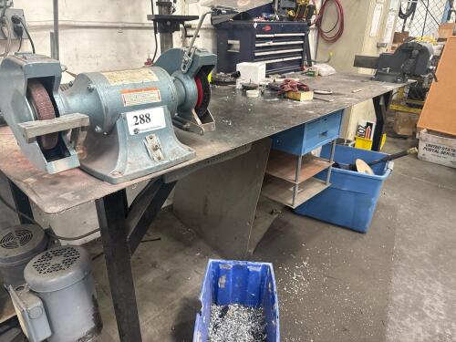 METAL SHOP TABLE WITH DAYTON 8&rdquo; BENCH GRINDER AND WILTON 8&rdquo; VISE
