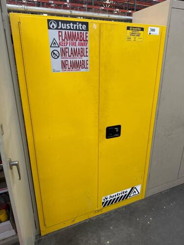 Justrite 45-Gallon Yellow Sure-Grip EX Flammable Safety Cabinet, 3 Shelves, Double Door with asst&rsquo;d Chemicals and Sprays