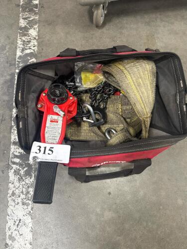 DAYTON LEVER CHAIN HOIST, 1500 lb, LIFT 10 FT, MODEL 4ZX44B, STREN-FLEX STRAP, CLAMP AND HUSKY BAG