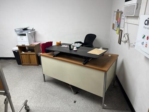 (2) Office Desk W/ Office Chairs, Refrigerator, Two Drawer File Cabinet, Whiteboard, Storage Cabinet, Metal Shelving W/ Monitor