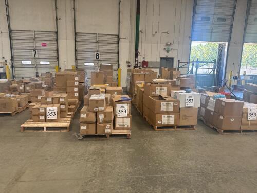 Lot (24) PALLETS OF ASST&rsquo;D CONTENT: RIBBONS, CORDED TASSELS, GIFT BOXES, POUCHES, velvet fabric bags, shrink bands, organza bags, shiny bags, top box, bamboo baskets, jewelry boxes, kraft matte premium basket boxes, paper bags, crinkle cut, 18&rdquo; wreath fra