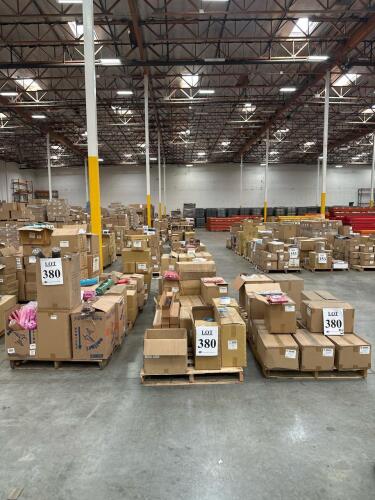 (28) Pallets of Assorted Content; Ribbon, Mesh Fabrics, Paper Bags, Tissue Paper and Plastic Shrink Wrap, Basket Box, Deco Mesh, Fabric Bags, Mesh Rectangular Bags, Ear Plugs, Merchandise Bag, Paper Doilies, Crepe Paper