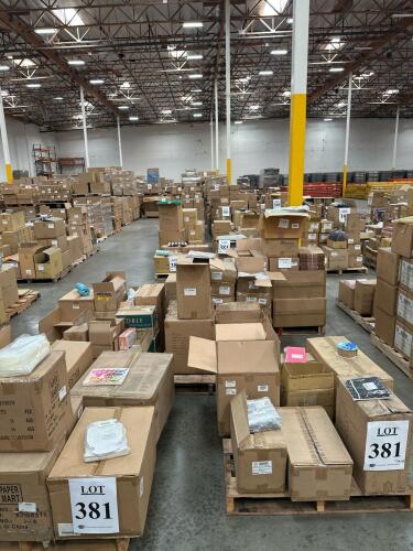 (17) Pallets of Assorted Content; Ribbon, Tissue paper, Metal Containers, Plastic Foldable Boxes, Mesh Bags, and Duct Tap, Tissue Paper Pom Poms, Swirl Spiro, Tin Cans, Exam Gloves, Hard Hats, Wood Sticks, Bow On Wire, Merchandise Bags, Candy Wrapers, Jew