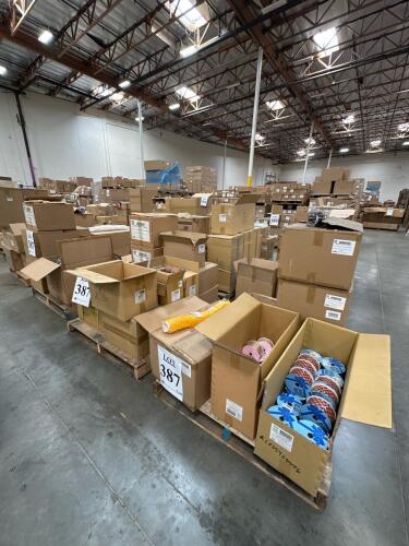 (18) Pallets Of Assorted Content Ribbons, Lotus Cups, Silver Paper Doilies, Merchandise Bags, Organza Bags, Candy Wrappers, Duct Tape, Tulip Cup, Fabric Bag, Cube Box, Wine Bag, Deco Mesh, Clear Mini Purses, Plastic Caps, Box Sleeve, Tin Cups, Paper Bags,