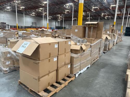 LOT (12) PALLETS: 12 OZ CLEAR SCREW TOP PET JARS, SILVER TIN PAIL WITH TIN LIDS, CLEAR PLASTIC TUBE WITH GOLD CAPS, 12 OZ METAL PUSH LOCK RETANGULAR CANS, 8 OZ CLEAR TALL SCREW TOP PET JARS, ROUND CLEAR PVC AND STEEL CANS, 3OZ SHALLOW ROUND STEEL TIN CA
