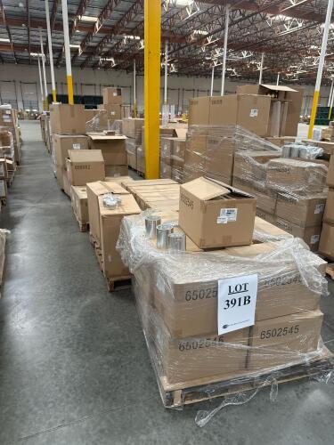 LOT (12) PALLETS: SILVER TIN PAIL WITH TIN LID AND METAL HANDLE, 6 OZ DEEP ROUND STEEL TIN CANS, GOLD PUSH PULL TIN CANS, 0.022 CLEAR PLASTIC TUBE WITH GOLD CAPS, 15 OZ SILVER SQUARE TIN CANS, ROUND CLEAR PVC/STEEL CANS, 30 OZ DEEP GLOSS BLACK OVAL TIN C
