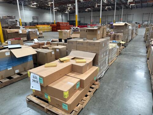LOT (13) PALLETS: 8-1/8 X 5- 1/4 X 1- 1/8-(7/8) GOLD DIAMOND SET UP CANDY BOXS, 14 OZ DEEP ROUND STEEL TIN CANS, 10 in. X 15 in 100 GA. SHRINK BAGS, 1-1/2 in. X 10YD NATURAL JUTE RIBBON1-1/2 in. X 10YD . 2-1/2 in. X 10 YD LIME METALLIC HEX WEAVE WIRED