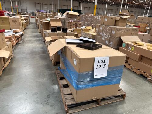 LOT (12) PALLETS: 12 in. X 12 in. BLACK HEAVY WALL GIFT BOX LIDS, 12 in. X 12 in. GLOSS WHT LUX FLD-UP GIFT BX LIDS, 6 in. X 6 in. X 6 in. BLACK HEAVY WALL GIFT BOX BOTTOM (CASE), 16 in. X 6 in. X 12 in. VOGUE GLOSSY LIME EURO TOTES, 2 OZ CLEAR PET R