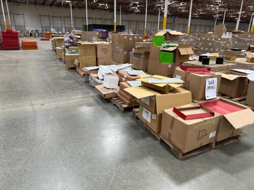 LOT (11) PALLETS: 15 in. X 9-1/2 in. X 2 in. RED KRAFT TINT APPARE BOXES, 16-1/2 in. X 14-1/8 in. 1.6 MIL LIP & TAPE SELF SEALING BAGS, 20 in. X 30 in. 1/S METALLIC SILVER TISSUE PAPER, 20 in. X 30 in. SILVER/WHITE MINI DOTS TISSUE PAPER, PAPER MART 5