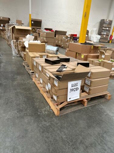 (13) Pallets of Assorted Content; 8 in. X 8 in. X 3 in. BLACK HEAVY WALL GIFT BOX BOTTOM 12 in. X 1500 ft. 100 GA. SHRINK TUBE FILM (ROLL) 9 in. X 5-1/2 in. X 3 in. WHITE SIDE TAB SCALLOP BOX (CASE) 3-3/8" BLACK PP LID FOR SCREW TOP JAR 12 OZ CLEAR SHORT 