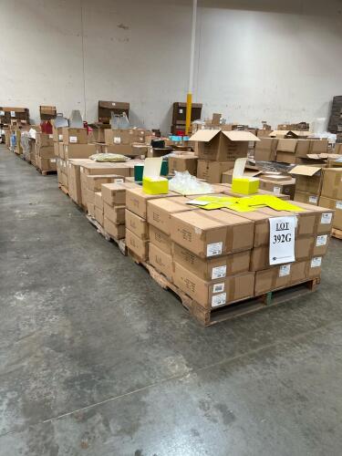 (12) Pallets of Assorted Content; 6 in. X 6 in. X 4 in. LIME HI GLOSS GIFT BOX 8-1/4 in. X 4-3/4 in. X 6-1/4 in. FOREST GREEN MATTE PREMIUM BASKET BOX (CASE) 4 in. X 50 FT GOLD HIGH GRADE DECORATOR GARLAND 9 in. X 7 in. X 3 in. PLATINUM STACKABLE DELI BOX
