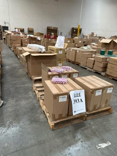 (13) Pallets of Assorted Content; 3-5/8 in. X 2-1/4 in. X 7 in. PURPLE DIAGONAL STRIPE SOSBAG(CASE) 6 in. X 4-1/4 in. X 2-1/2 in. #2 HANDLE ECO TAKE OUT BOX (CASE) 10 in. X 7 in. X 12 in. WHITE HANDLE BAG (CASE) 2 in. X 2 in. X 6 in. BROWN RTE BOX (CASE) 