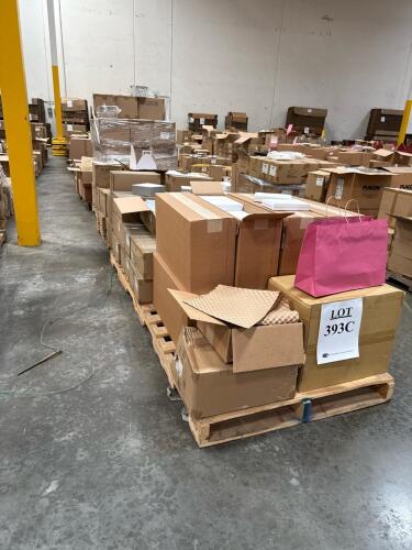 (13) PALLETS OF ASSORTED CONTENT 4 in. X 10 in. 2 MIL CLEAR RECLOSEABLE POLY BAG 2 IN X 4-1/2 IN. CORRUGATED BIN BOX 2 in. X 36YD 5.9 MIL YELLOW/BLACK FLOOR MARKING TAPE 8 in. X 14 in. 100 GA. SHRINK BAG 14-1/8 in. X 15-3/4 in. HOT PINK NONWOVEN DIE CUT H