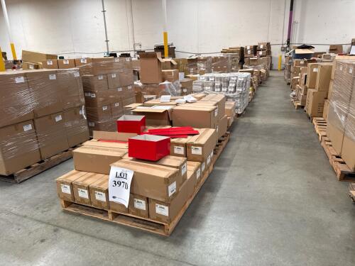 (12) PALLETS OF ASSORTED CONTENT 4 in. X 4 in. X 6-1/2 in. RED SQ PVC GIFT BOX W/CAP & BOW 6 in. X 6 in. X 3 in. PINK EASY SET UP PASTRY BOX 6 in. X 4-1/4 in. X 2 in. WHITE MATTE EMIUM AUTO- POPUP BAKERY BOX 4 in. X 4 in. X 7 in. CLEAR PVC TUCK TOP BOX