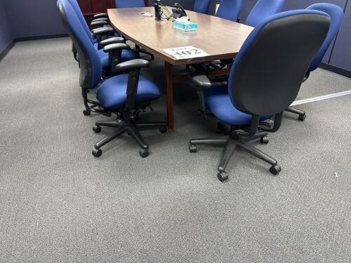 LOT 10&rsquo;FT CONFERENCE TABLE WITH 10 CHAIRS, RCA RFRF710-F-BLACK CHEST FREEZER, SMALL DESK WITH CHAIR, (2) FANS, HUTCH, AND EPSON POWER LITE HOME CINEMA 2045 PROJECTOR, (LOCATION: MAIN FLOOR)