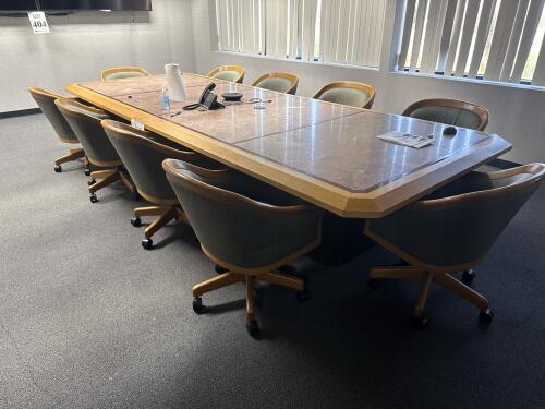 13&rsquo;FT Rectangular Conference Table with Marble Top & 11 Rolling Swivel Chairs. table approx. x (60 in) width x (27 in) height with matching credenza, (LOCATION: 3RD FLOOR)
