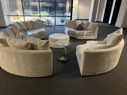 Curved Modular Sectional Sofa Set with Ottoman & 4 Glass Side Tables, Cream Microfiber, (LOCATION: 3RD FLOOR)