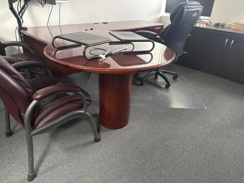 Executive Wood Desk with right return with office chair, 48 inch round table with 4 chairs, AND (2) 6&rsquo;Ft CREDENZAS, Desk approximately dimensions 6 &lsquo; FT X 87&rdquo; x 29&rdquo; H, LOCATION: 2ND FLOOR